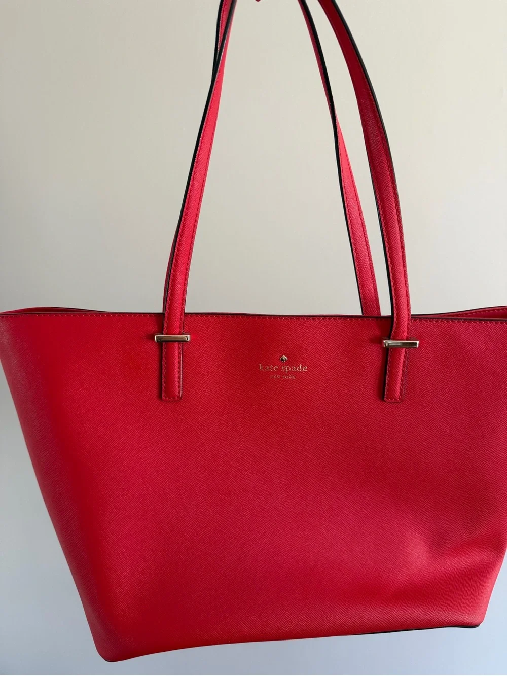 kate spade red leather tote with gold logo